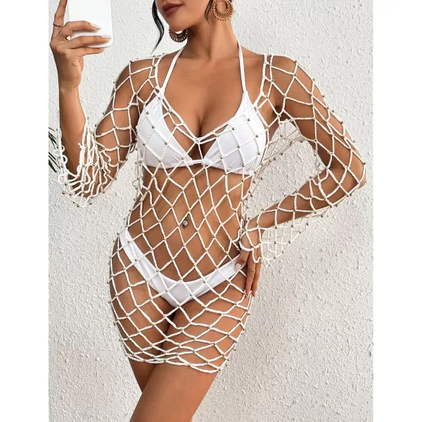 Bsubseach Long Sleeve Fishnet Swimsuit Cover Up for Women Mesh Sheer Dress Sexy Beachwear