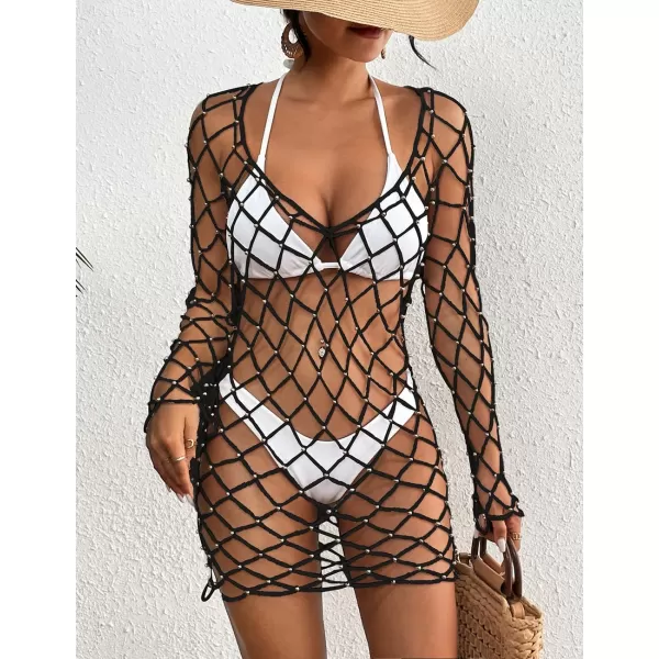 Bsubseach Long Sleeve Fishnet Swimsuit Cover Up for Women Mesh Sheer Dress Sexy Beachwear