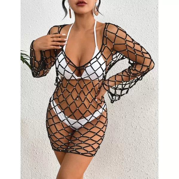 Bsubseach Long Sleeve Fishnet Swimsuit Cover Up for Women Mesh Sheer Dress Sexy Beachwear