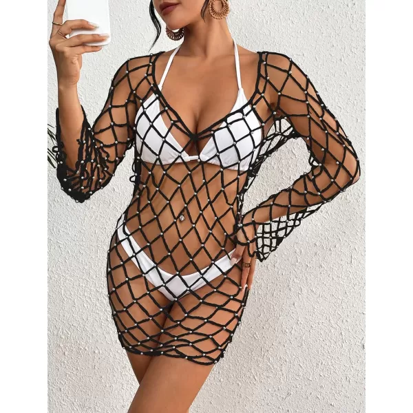 Bsubseach Long Sleeve Fishnet Swimsuit Cover Up for Women Mesh Sheer Dress Sexy Beachwear