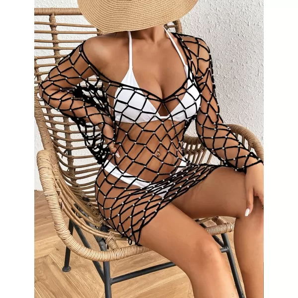 Bsubseach Long Sleeve Fishnet Swimsuit Cover Up for Women Mesh Sheer Dress Sexy Beachwear