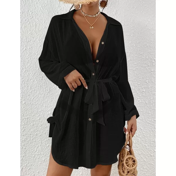 Bsubseach Sexy Beach Cover Ups for Swimwear Women Belted Shirt Dress Button Down Swimsuit Coverup