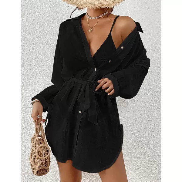 Bsubseach Sexy Beach Cover Ups for Swimwear Women Belted Shirt Dress Button Down Swimsuit Coverup