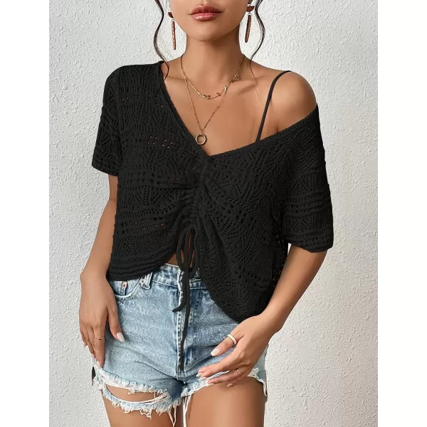 Bsubseach Swimsuit Cover Up for Women V-Neck Crochet Coverups Short Sleeve Knit Beach Tops for Swimwear