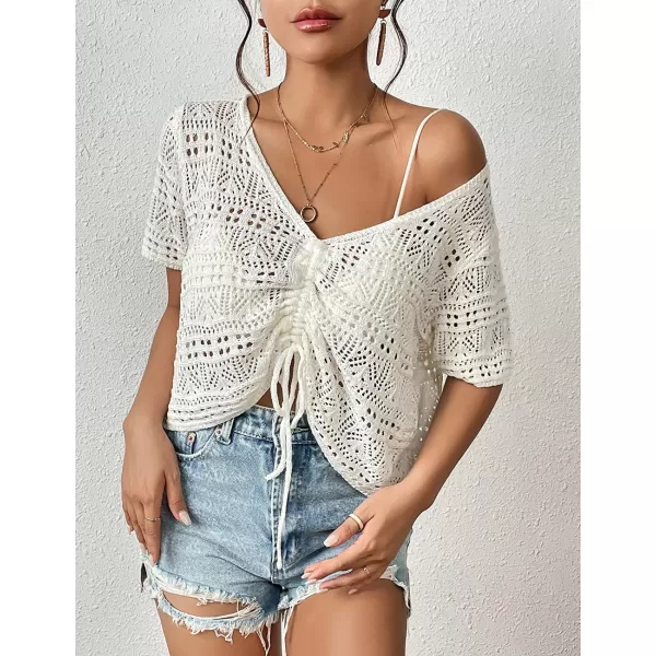 Bsubseach Swimsuit Cover Up for Women V-Neck Crochet Coverups Short Sleeve Knit Beach Tops for Swimwear