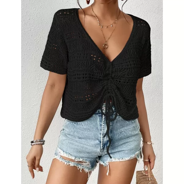 Bsubseach Swimsuit Cover Up for Women V-Neck Crochet Coverups Short Sleeve Knit Beach Tops for Swimwear