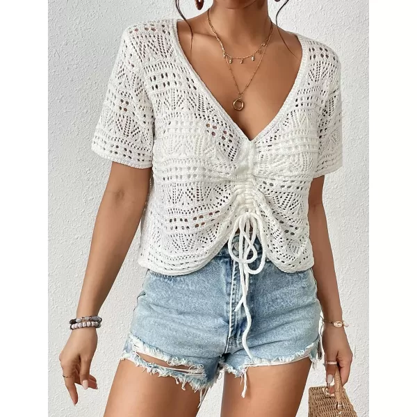 Bsubseach Swimsuit Cover Up for Women V-Neck Crochet Coverups Short Sleeve Knit Beach Tops for Swimwear
