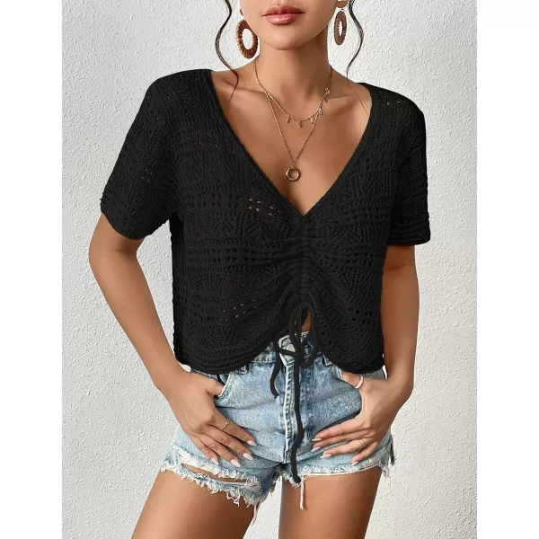 Bsubseach Swimsuit Cover Up for Women V-Neck Crochet Coverups Short Sleeve Knit Beach Tops for Swimwear