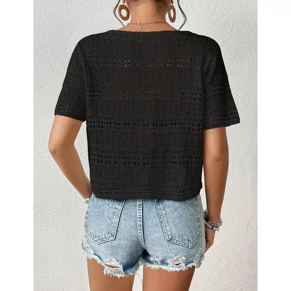 Bsubseach Swimsuit Cover Up for Women V-Neck Crochet Coverups Short Sleeve Knit Beach Tops for Swimwear