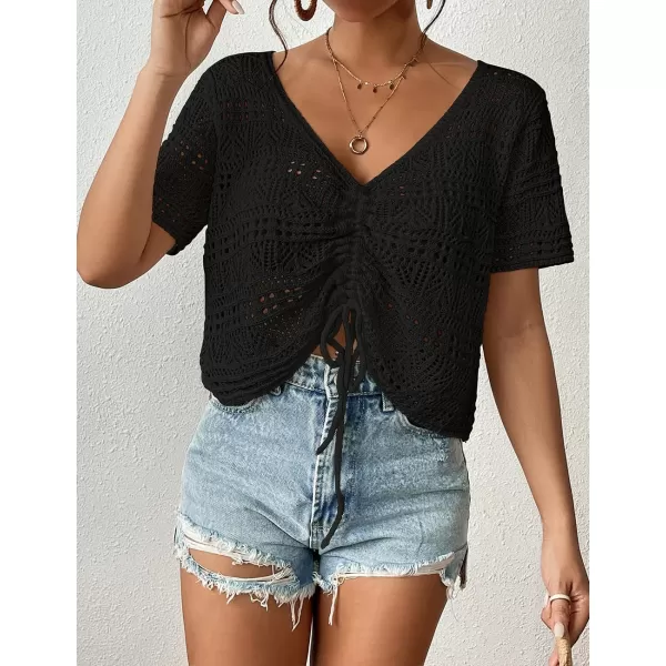 Bsubseach Swimsuit Cover Up for Women V-Neck Crochet Coverups Short Sleeve Knit Beach Tops for Swimwear