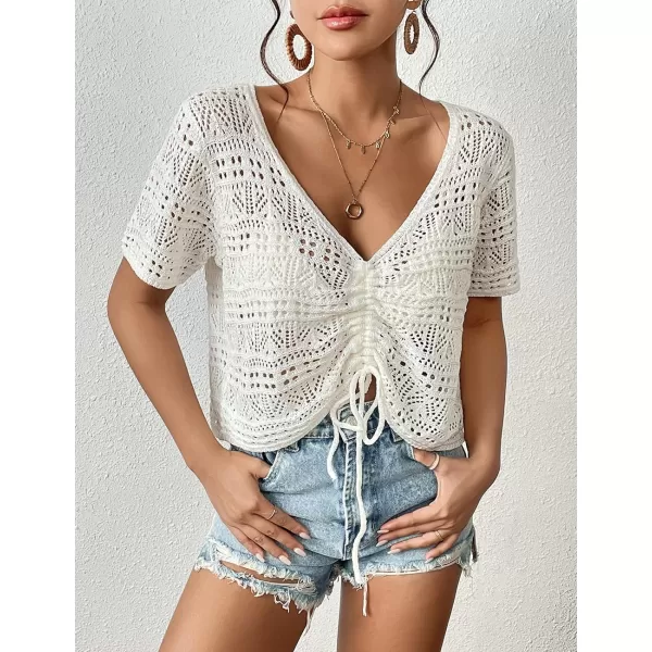Bsubseach Swimsuit Cover Up for Women V-Neck Crochet Coverups Short Sleeve Knit Beach Tops for Swimwear