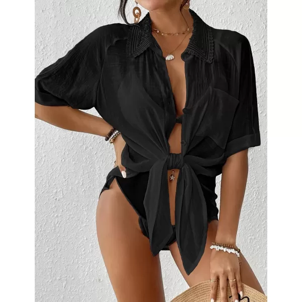 Bsubseach Women Beach Shirt Bathing Suit Cover Up Embroidered Lapel Blouses Button Down Collar Tops