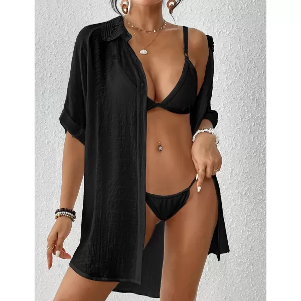 Bsubseach Women Beach Shirt Bathing Suit Cover Up Embroidered Lapel Blouses Button Down Collar Tops