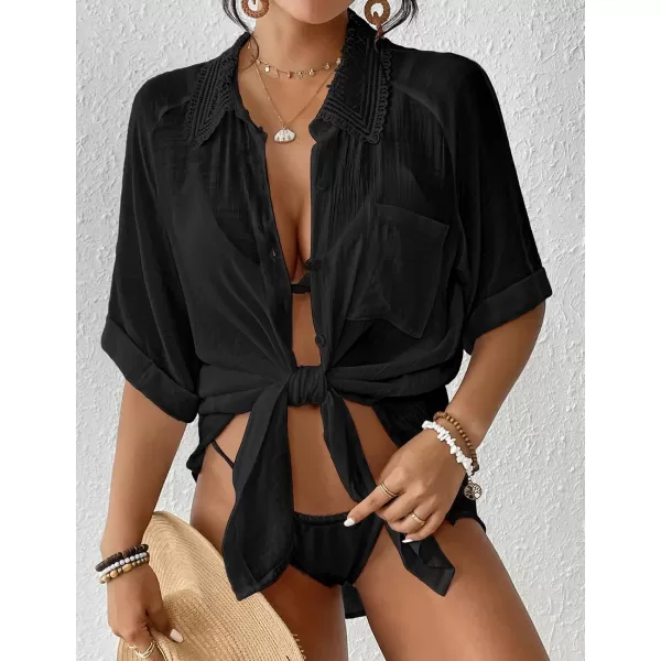Bsubseach Women Beach Shirt Bathing Suit Cover Up Embroidered Lapel Blouses Button Down Collar Tops