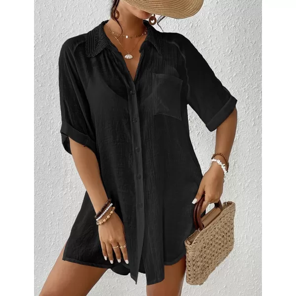 Bsubseach Women Beach Shirt Bathing Suit Cover Up Embroidered Lapel Blouses Button Down Collar Tops