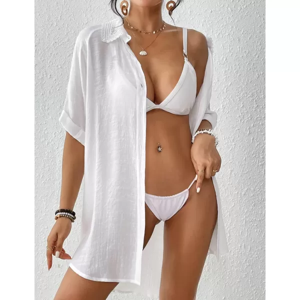 Bsubseach Women Beach Shirt Bathing Suit Cover Up Embroidered Lapel Blouses Button Down Collar Tops
