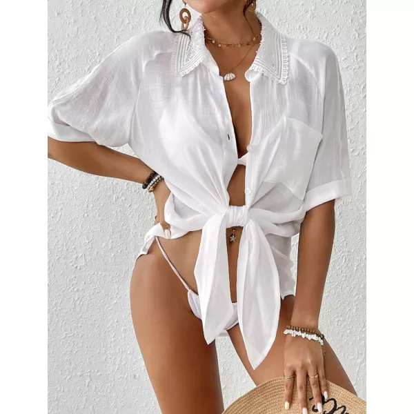 Bsubseach Women Beach Shirt Bathing Suit Cover Up Embroidered Lapel Blouses Button Down Collar Tops