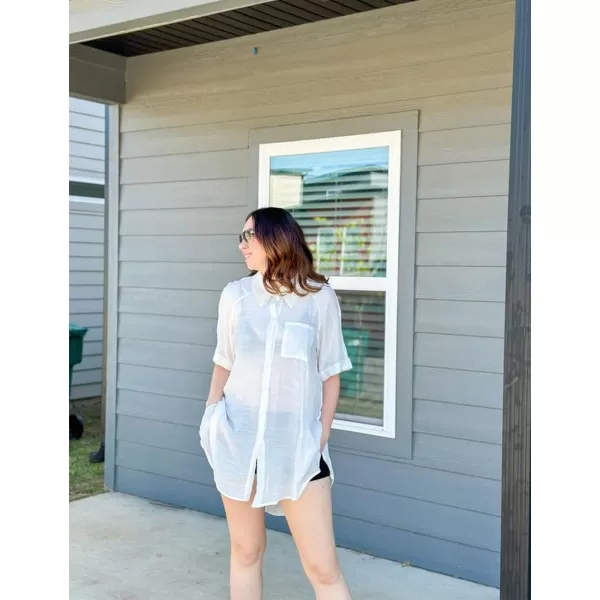 Bsubseach Women Beach Shirt Bathing Suit Cover Up Embroidered Lapel Blouses Button Down Collar Tops