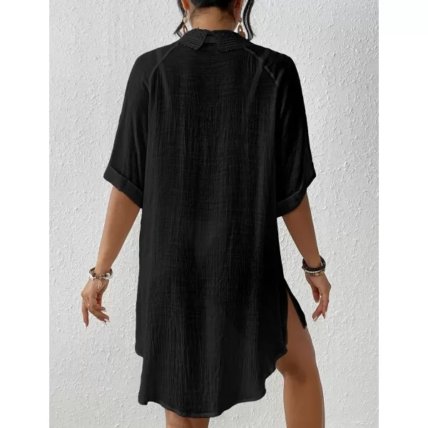 Bsubseach Women Beach Shirt Bathing Suit Cover Up Embroidered Lapel Blouses Button Down Collar Tops