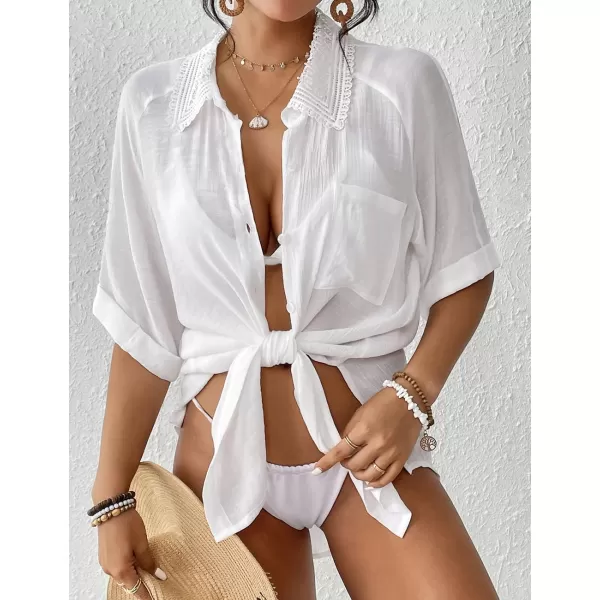 Bsubseach Women Beach Shirt Bathing Suit Cover Up Embroidered Lapel Blouses Button Down Collar Tops