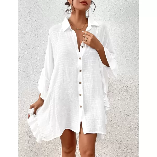Bsubseach Women Button Down Bathing Suit Cover Up Shirt Dress Ruffled Sleeve Beach Blouse