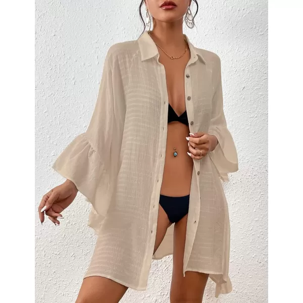 Bsubseach Women Button Down Bathing Suit Cover Up Shirt Dress Ruffled Sleeve Beach Blouse