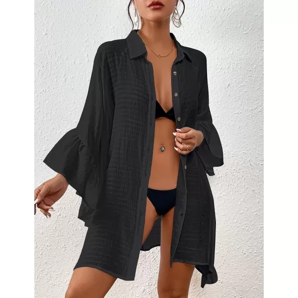 Bsubseach Women Button Down Bathing Suit Cover Up Shirt Dress Ruffled Sleeve Beach Blouse