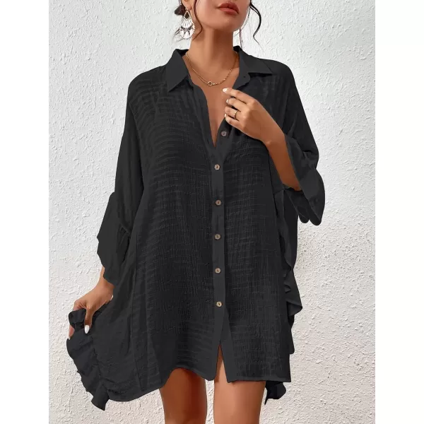 Bsubseach Women Button Down Bathing Suit Cover Up Shirt Dress Ruffled Sleeve Beach Blouse