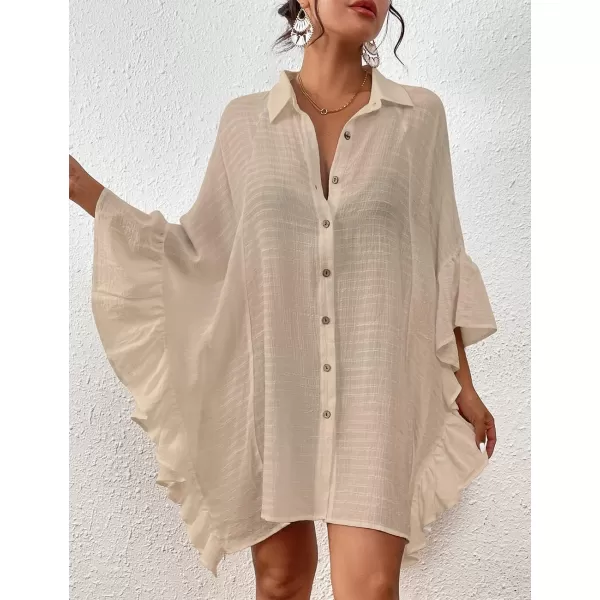 Bsubseach Women Button Down Bathing Suit Cover Up Shirt Dress Ruffled Sleeve Beach Blouse