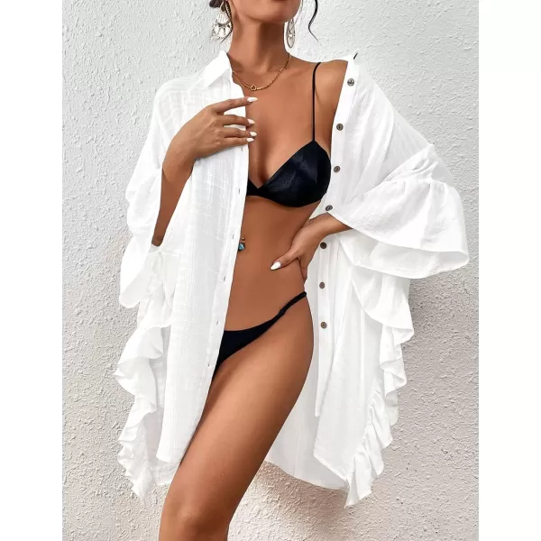 Bsubseach Women Button Down Bathing Suit Cover Up Shirt Dress Ruffled Sleeve Beach Blouse