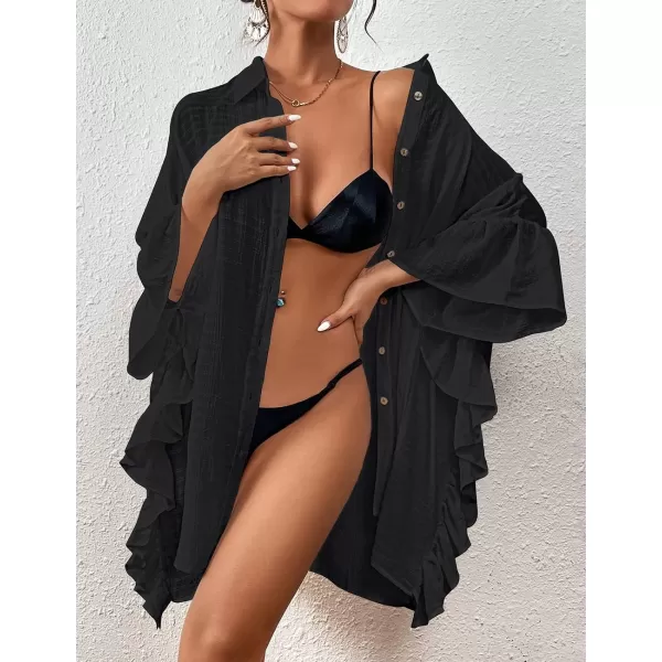 Bsubseach Women Button Down Bathing Suit Cover Up Shirt Dress Ruffled Sleeve Beach Blouse