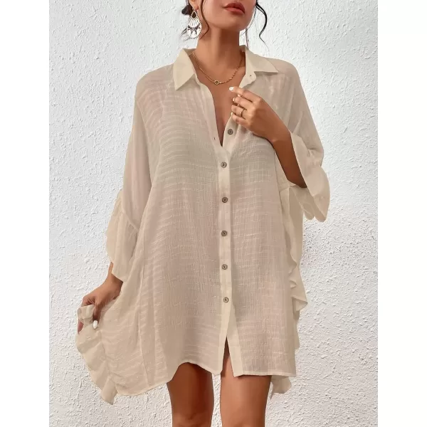 Bsubseach Women Button Down Bathing Suit Cover Up Shirt Dress Ruffled Sleeve Beach Blouse