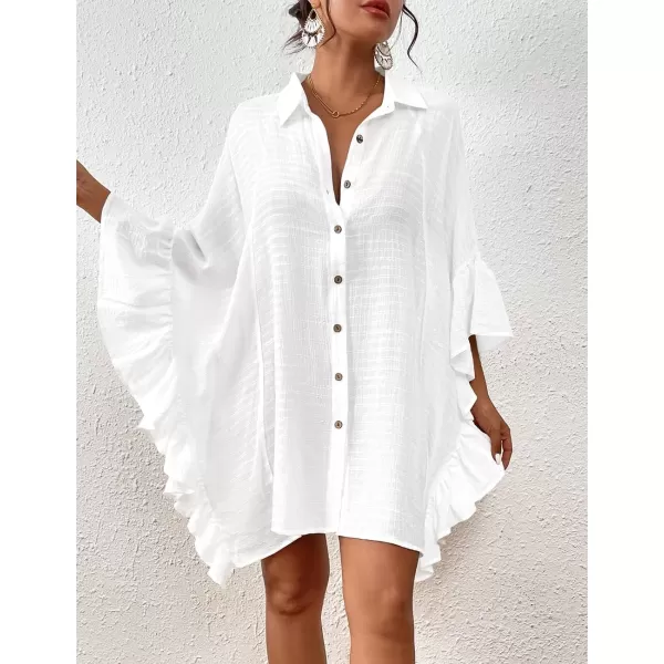 Bsubseach Women Button Down Bathing Suit Cover Up Shirt Dress Ruffled Sleeve Beach Blouse
