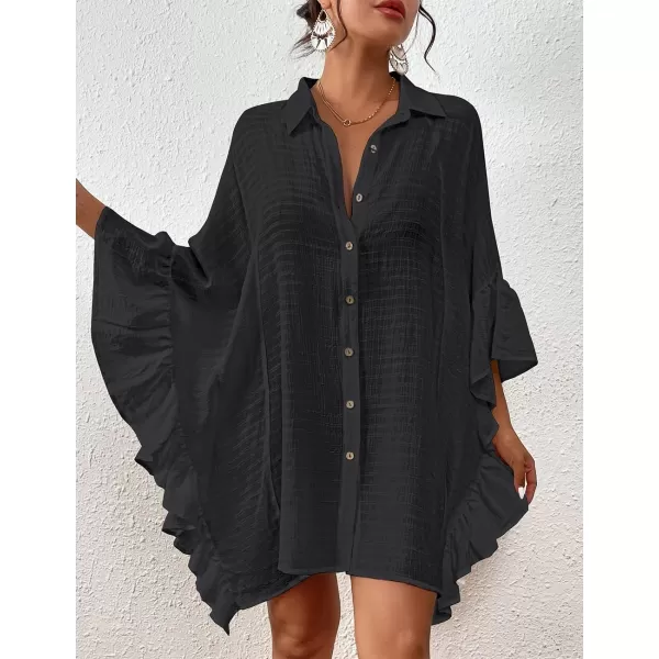 Bsubseach Women Button Down Bathing Suit Cover Up Shirt Dress Ruffled Sleeve Beach Blouse