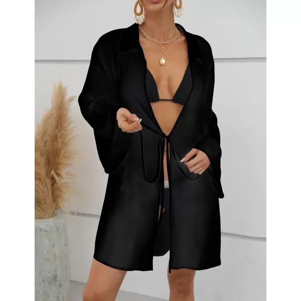 Bsubseach Women Chiffon Solid Color Swimsuit Cover Up Long Sleeve Beachwear