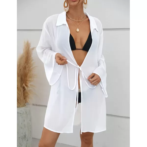 Bsubseach Women Chiffon Solid Color Swimsuit Cover Up Long Sleeve Beachwear