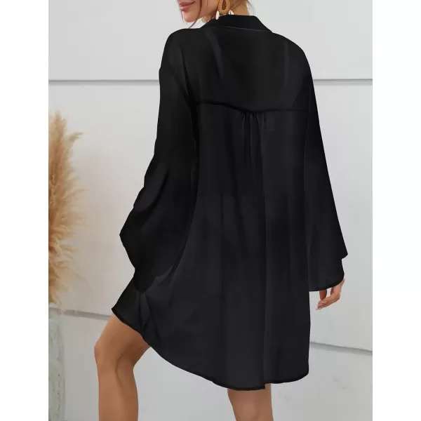 Bsubseach Women Chiffon Solid Color Swimsuit Cover Up Long Sleeve Beachwear