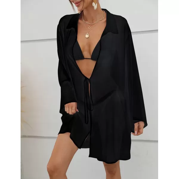 Bsubseach Women Chiffon Solid Color Swimsuit Cover Up Long Sleeve Beachwear