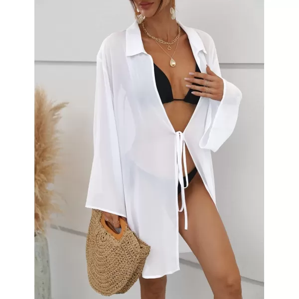 Bsubseach Women Chiffon Solid Color Swimsuit Cover Up Long Sleeve Beachwear