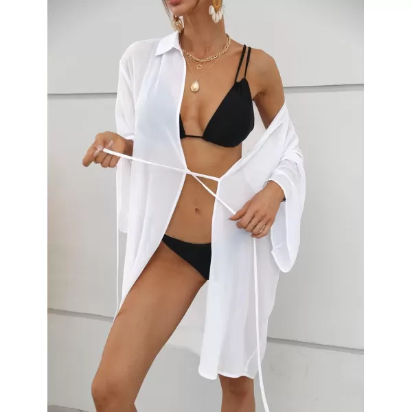Bsubseach Women Chiffon Solid Color Swimsuit Cover Up Long Sleeve Beachwear