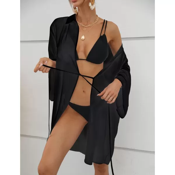 Bsubseach Women Chiffon Solid Color Swimsuit Cover Up Long Sleeve Beachwear