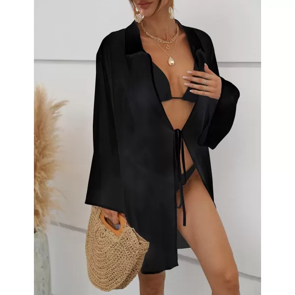 Bsubseach Women Chiffon Solid Color Swimsuit Cover Up Long Sleeve Beachwear