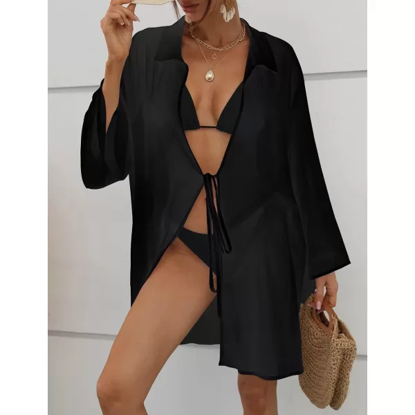 Bsubseach Women Chiffon Solid Color Swimsuit Cover Up Long Sleeve Beachwear