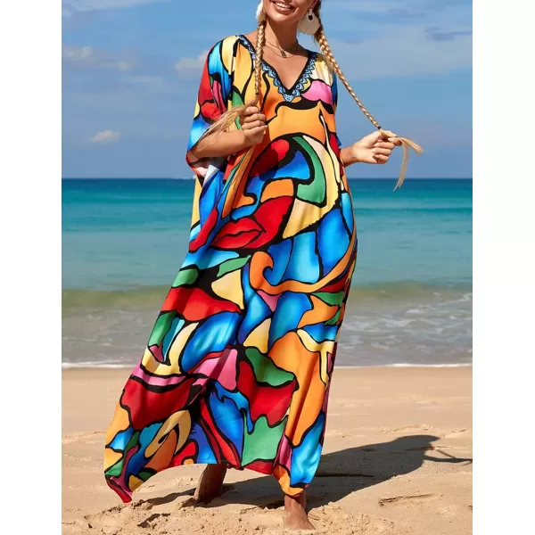 Bsubseach Women Colorful Geometric Beach Cover Up Loose Kaftan Dress