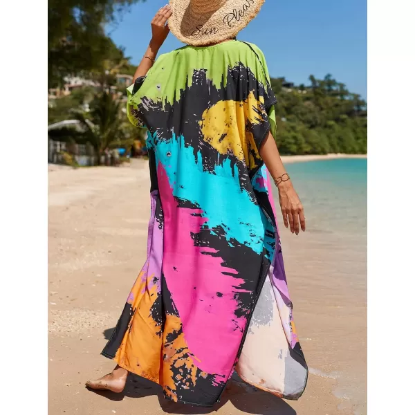 Bsubseach Women Colorful Geometric Beach Cover Up Loose Kaftan Dress