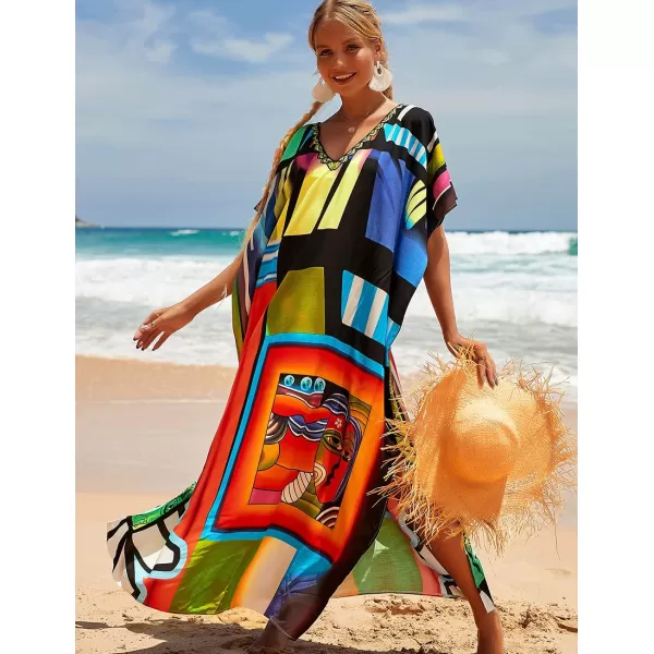 Bsubseach Women Colorful Geometric Beach Cover Up Loose Kaftan Dress