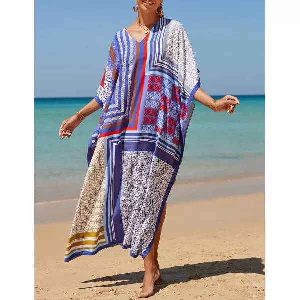 Bsubseach Women Colorful Geometric Beach Cover Up Loose Kaftan Dress