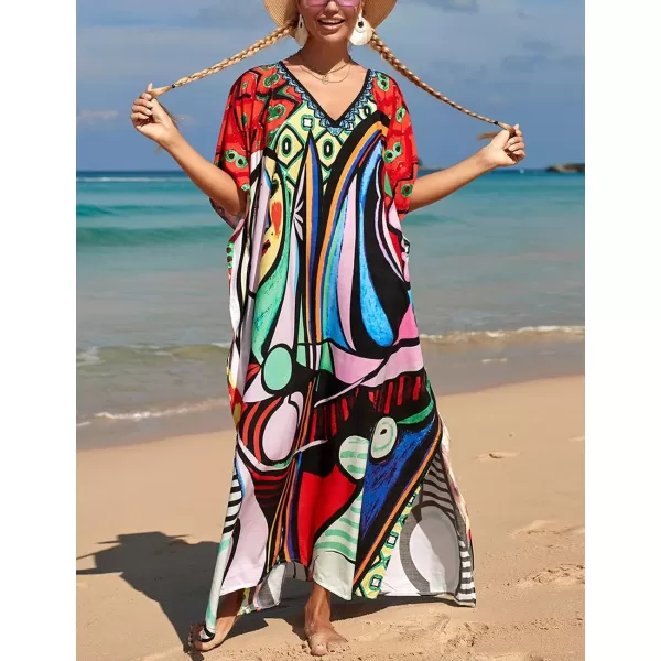 Bsubseach Women Colorful Geometric Beach Cover Up Loose Kaftan Dress