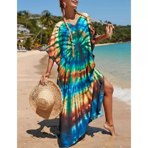 Bsubseach Women Colorful Geometric Beach Cover Up Loose Kaftan Dress