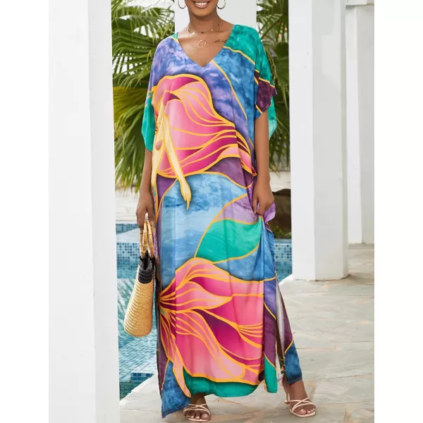 Bsubseach Women Colorful Geometric Beach Cover Up Loose Kaftan Dress